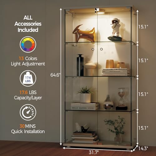 GarveeHome 4 Shelves Display Cabinet with LED Light & Double Doors, White by GarveeHome - Image 2