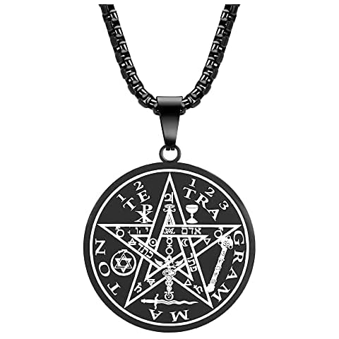 Yaumatea Tetragrammaton Pentacle Necklace for Men Pentagram Protection Amulet Wicca, Five-pointed Star Ancient Power Name of God Stainless Steel 24 inches (Black) Cover
