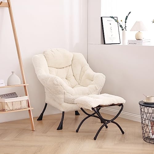 Image of LITA Lazy Chair with Ottoman, Modern Accent Leisure Upholstered Sofa Chair, Lounge Reading Chair with Armrests and a Side Pocket for Living Room, Bedroom & Small Space, Plush Beige
