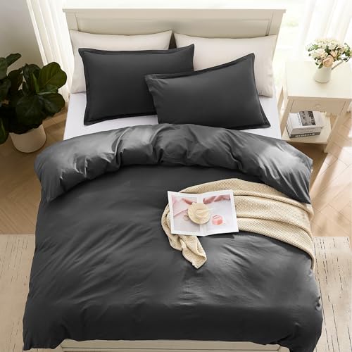 Image of LANE LINEN Double Size Duvet Cover Set - 100% Organic Cotton, 3-Piece Soft & Sustainable Bedding, Includes 1 Duvet Cover 200 x 200 cm and 2 Pillow Shams - Machine Washable - Charcoal