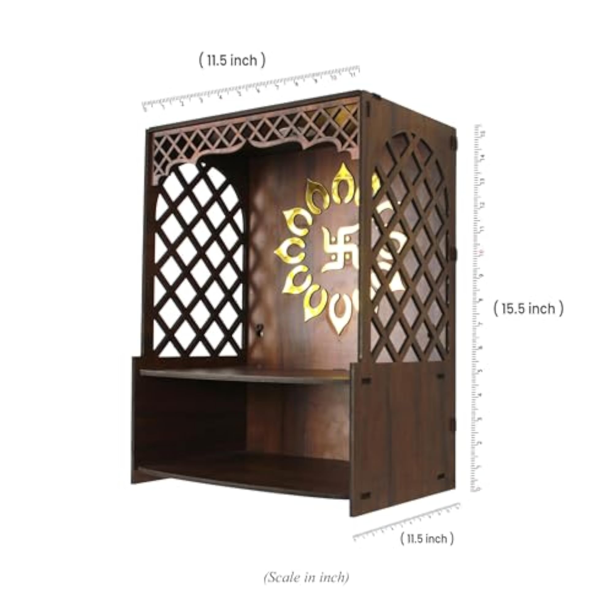 Wooden Wall-Mounted Pooja Mandir with LED Light, Decorative