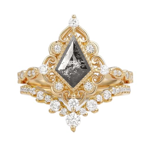 1ct 1.5ct 2ct Salt and Pepper Diamond Wedding Ring Set for Women - Kite Cut Salt and Pepper Diamond Bridal Sets Wedding Rings White Yellow Rose 10K 14K 18K Gold Sterling Silver Gem Ring Set3