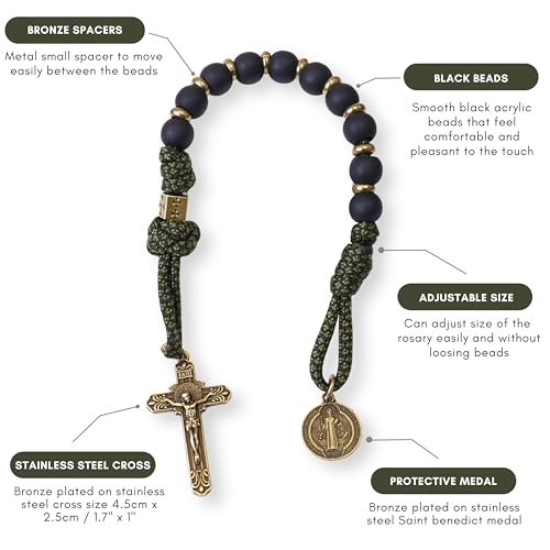 Nazareth Store NEW Antique Bronze One Decade Rosary Black Matte Beads Green Paracord Rosary Bracelet Handmade Catholic Travel Friendly Prayer3