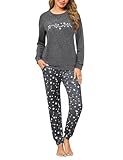 Marvmys Schlafanzug Damen Lang Pyjama Set Baumwolle Zweiteiliger Nachtwäsche Winter Sleepwear und Bedruckte Pyjamahose
