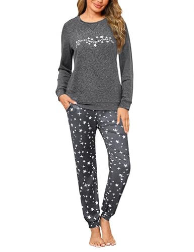 Marvmys Schlafanzug Damen Lang Pyjama Set Baumwolle Zweiteiliger Nachtwäsche Winter Sleepwear und Bedruckte Pyjamahose