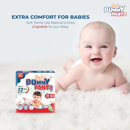 Image of BUMMY PANTS Baby Diapers - Soft & Comfortable with 5D Cross Core Technology, 360 Soft Elastic Waistband & Up to 12-Hour Absorption | S | Pack of 1 | 78 Pieces