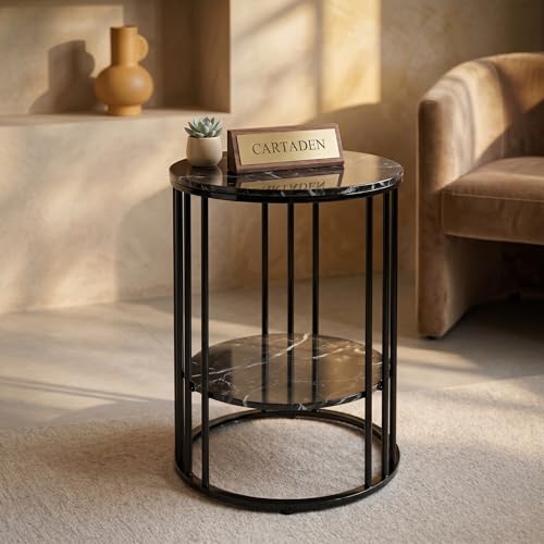 Image of CARTADEN Side Table, Small Round End Table with Lower Shelf, Nightstand for Small Spaces, Bedside Coffee Table for Living Room, Bedroom Full Black