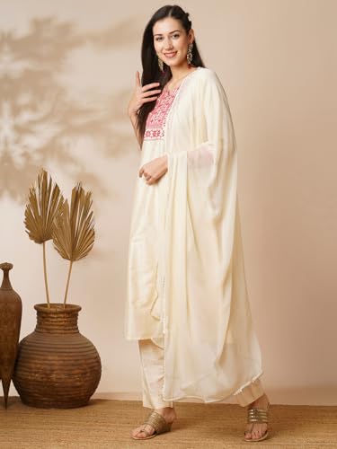 Image of Globus Women Ivory Floral Print A-Line Kurta Set With Trouser-3638388001