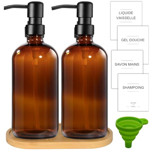 Distributeurs de Savon en Verre - Pack de 2 - Savon Mains - Liquide Vaisselle - Gel Douche - Shampoing - Plateau en Bois, Entonnoir Plastique, Etiquettes -...