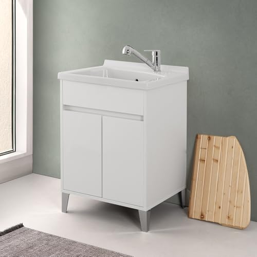 Mobile Lavatoio 60x50 Cm Bianco Lucido Way Con Vasca In Ceramica Dolomite, Struttura Già Montata In Legno Nobilitato Con 2 Ante E Apertura A Gola Asse Non Inclusa