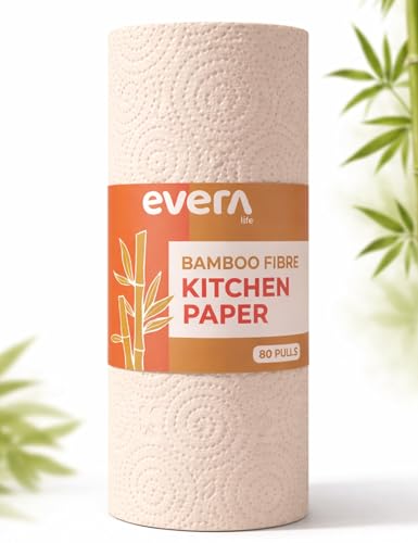 Evera Life Bamboo Kitchen Paper Roll – 80 Sheets - No Chlorine, Unbleached | 2 Ply Highly Absorbent Kitchen Tissue Paper | Food-Safe, Tree-Free Eco Friendly Alternative to Regular Paper Towels