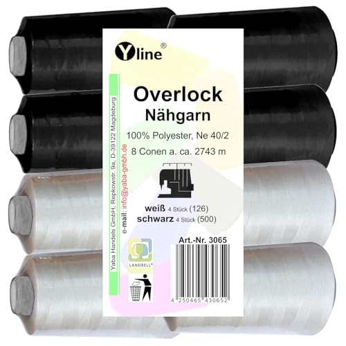 Yline Lot de 8 bobines de fil à coudre pour surjeteuse et machine à coudre Blanc/noir 2743 m, NE 40/2, 100% polyester