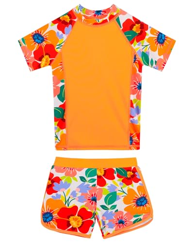Image of BAOHULU Girls Rash Guard Swimsuit Two Piece Bathing Suit UPF 50+ Short Sleeve Summer Beach Swimwear Size 3-14 Years