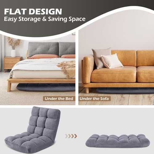 Avocahom Folding Floor Gaming Chair 14-Poistion Cushioned Adjustable Floor Lazy Sofa Chair w/Breathable Cotton & Skin-Friendly Coral Velve for Adults & Kids Perfect for Reading Gaming Meditating, Grey