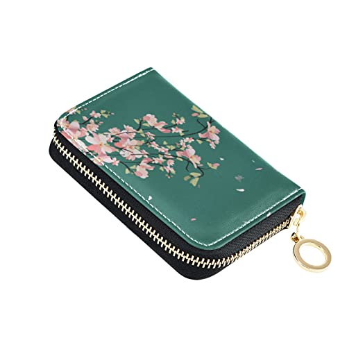 OTVEE Blossom Cherry Tree Branches Green RFID Credit Card Wallet, Microfiber Leather Zipper Card Case Holder for Wo