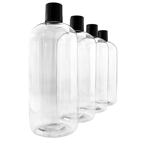 32oz Empty Clear Plastic Bottles with Disc Top Flip Cap (4 pack); PET Boston Round One Quart BPA-Free Containers For Shampoo, Lotions, Liquid Body Soap, Creams