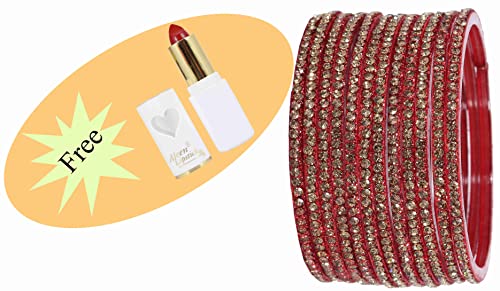 Image of NMII Glass with Zircon Gemstone and Beads Studdded Glossy Finished Traditional Bangle Set For Women and Girls