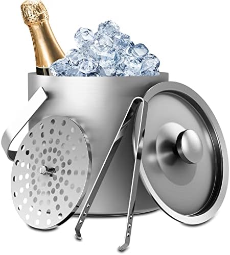 Sunmeyke Small Ice Bucket for Parties and Cocktail Bar(1.7 Quarts), Stainless Steel Insulated Mini Ice Bucket, with Ice Tongs and Lid Cover with Sealing Silicone