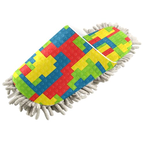 Kigai Colorful Building Blocks Mop Slippers for Floor Cleaning, Slippers for Women Men, Microfiber Floor Cleaning, M