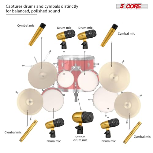 Image of 5 CORE 9 Piece Drum Microphone Set with 5 Dynamic Percussion Microphones Kick Bass, Tom /Snare and 4 Condenser Hi Hat & Cymbals Metal Mics w Thread Clip Mics Holder Gold