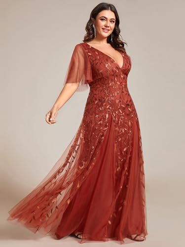 Image of Ever-Pretty Women's Sequin V Neck Plus Size Formal Dresses Evening Gown | Short Sleeve, A-Line, Empire Waist, Plus Size Mother of the Bride Dresses, Plus Size Gala Dress