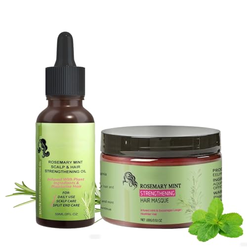 Aceite de hosmarino, 59 ml + mascarilla de romero de menta 100 g, aceite de romero para el cabello y mascarilla para favorecer el crecimiento del cabello, prevenir la caída del cabello, cuida el