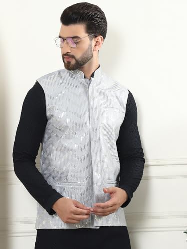 Image of SOJANYA (Since 1958 Men's Pure Cotton Kurta and White Pyjama with Sequins Nehru Jacket
