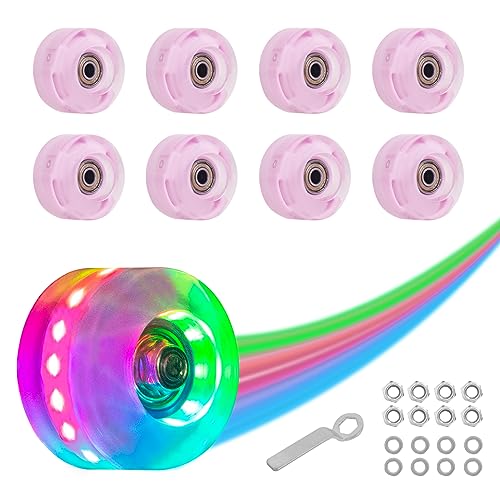 Nattork 8 Pack 82A Light up Roller Skate Wheels 54 * 32mm with Bearings Installed Luminous Quad Light Up Wheels Skating Accessories For Double Row Skates Outdoor And Indoor Use (Pink)