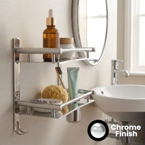 Image of GLOXY Premium 2 Tier Bathroom Stainless Steel Shelf with Toothbrush Holder, Soap Dish - Chrome Finish Wall Mounted 2 Layer Shelf with Multipurpose Hooks for Bathroom - Home Decor Bathroom Accessories