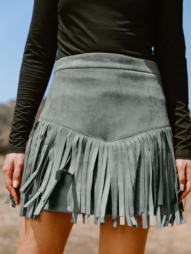 CUPSHE Women Fringe Skirts Western Cowgirl Terra Cotta High Waist Mini Skirt Suede Tassel Short Counrty Concert2
