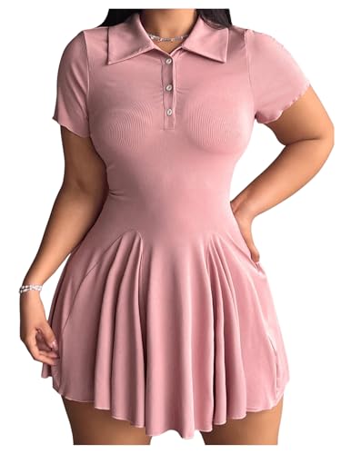 RoseSeek Women's Plus Size Ribbed Knit Golf Dress Button Front Short Sleeve A Line Collared Shirt Dresses Dusty Pink 3X-Large Plus