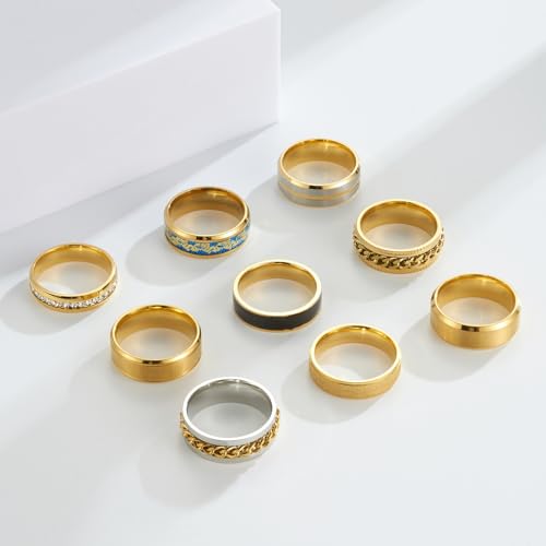 9 pieces/set men's golden/silver ring set (2 of which chain rotating rings relieve anxiety and stress) trendy and fashionable women's couple stainless steel rings3