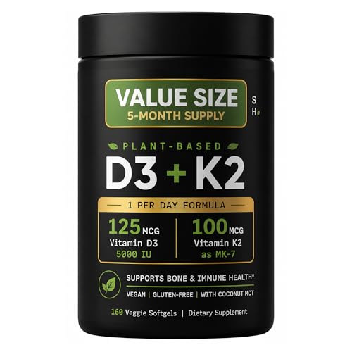Sports Vitamin D3 K2 with 5000iu of Plant-Based D3 & 100mcg of Vitamin K2 as MK-7, Non-GMO Verified & Vegan Certified - 160 Liquid Softgels - Pack1