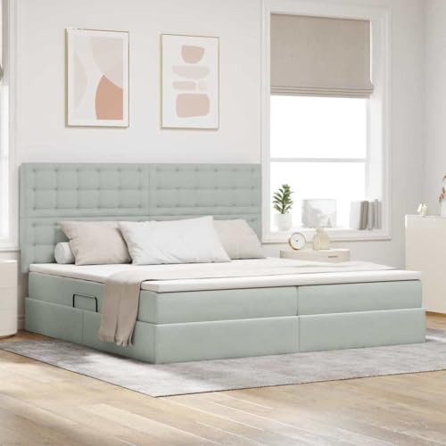 Mandloder Cama con espacio de almacenamiento y LED gris claro 200 x 200 cm, tapizada en terciopelo, elevador hidráulico, estructura de metal resistente, dormitorio moderno