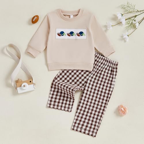 Toddler Baby Boy Football Smocked Outfit Long Sleeve Embroidery Crewneck Sweatshirt Gingham Pants Two Piece Clothes2