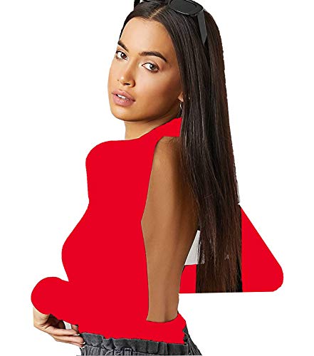Floerns Women s Mock Neck Long Sleeve Backless Bodycon Solid Skinny Bodysuit Red L