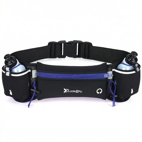 Running Belt with Water Bottles (2 x 175ML) Hydration Belt for Men and Women Water Bottle Holder Running Pouch Belt Fanny Pack Fits 7 inches Phones Waist Pack for Running Hiking Climbing (Blue)