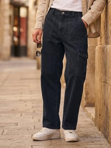 Image of Urbano Fashion Men's Loose Mid Rise Baggy Fit Cargo Jeans with 6 Pockets Non-Stretchable