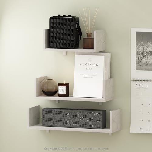Image of Furinno Rossi Bedroom Decor Wall Mounted Floating Display Shelves with Invisible Brackets, Set of 3, Marble White | 11.7 inch, 15.7 inch, 18.9 inch Width, U-Shape Rectangular Wall Shelf Set, Wall Mounted Shelves, for Bathroom, Home Office, Living Room