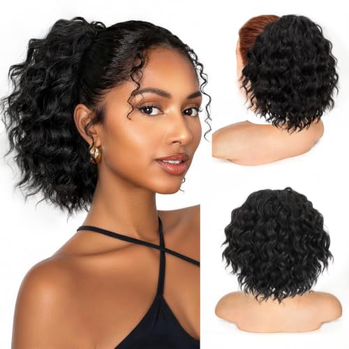 Isaic Ponytail Extension,Curly Drawstring Ponytail for Black Wome...