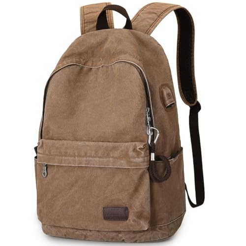 Muzee Mochila de Lona Antirrobo para Hombre y Mujer Escolar y Viaje Apto para Laptop 15,6 Pulgadas Puerto de Carga USB, Caqui