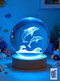 Ammonite Sfera di cristallo a forma di delfino, 16 colori che cambiano con telecomando, base in legno a LED alimentata tramite USB, 80 mm, arte in vetro trasparente per bambini e adolescenti, regalo