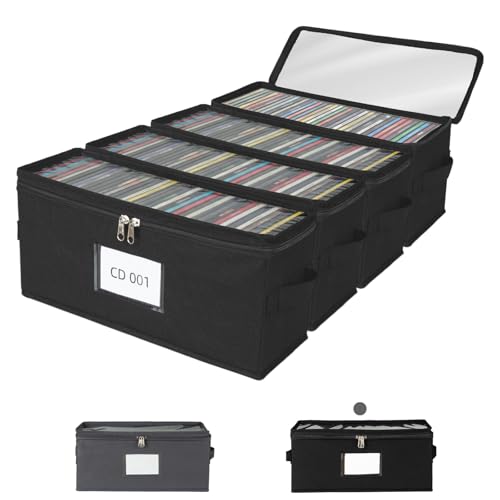 ComfortKeeper 4 Pack Fabric CD Storage Box with Clear PVC Lid Holds 35 Standard CD Cases Zipper Closure for Dust Protection Portable CD Organizer for Music Collection Black
