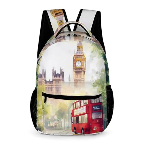 Watercolor London Street Big Ben Bus Travel Backpack Casual Daypack Shoulder Bag with Adjustable Shoulder Straps