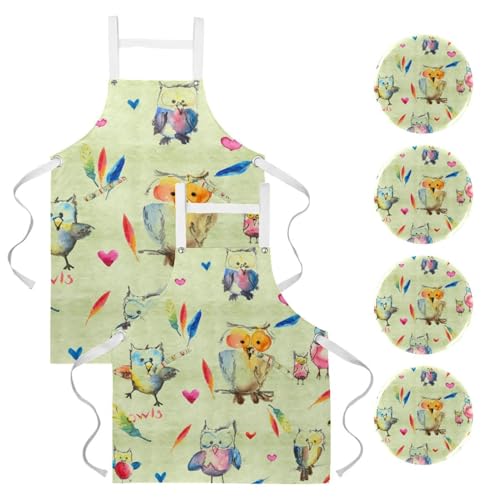 Lot de 2 tabliers de cuisine aquarelle chouettes ajustables