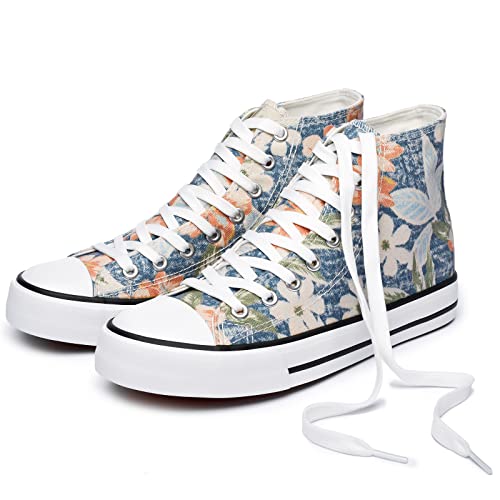Hash Bubbie Women's High Top Sneakers Classic High Tops Canvas Shoes Embroidery Lace Up Tennis Shoes Fashion Canvas Sneakers Casual Shoes For Walking（（Blue Print.us5） #TOP18