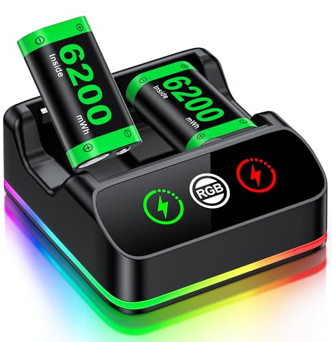 2 x 6200 mWh batería para controlador Xbox Series X, batería recargable para controlador de Xbox con luz RGB, 20 horas de tiempo de reproducción, paquete de batería compatible con Xbox One S/X/Elite