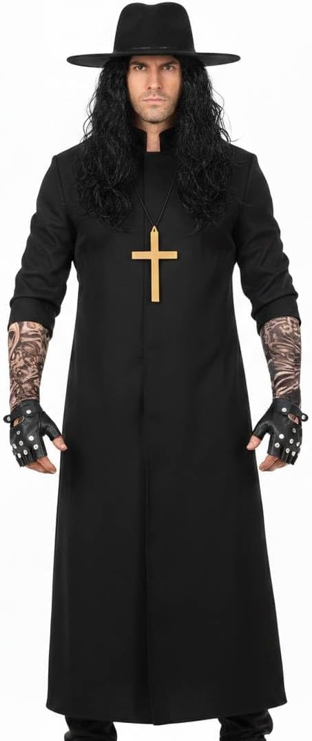 Adults 90s Wrestler Costume -XL Black Duster Jacket, Crimped Wig, Hat, Tattoo Sleeves, Studded Gloves, Gold Cross, Black Goatee - Adults Wrestling Fancy Dress Costume
