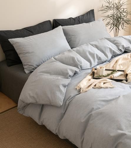 Image of VM VOUGEMARKET Grey Pinstriped Duvet Cover Set Queen 100% Washed Cotton Bedding Set,Ticking Stripes Pattern Duvet Cover with Zipper Closure (3pcs, Horizontal Stripes)