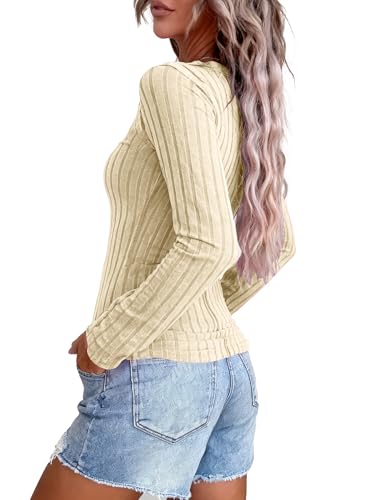Image of KINLONSAIR Women's Long Sleeve Henley T Shirts Button Down Slim Fit Tops Scoop Neck Ribbed Knit Shirts